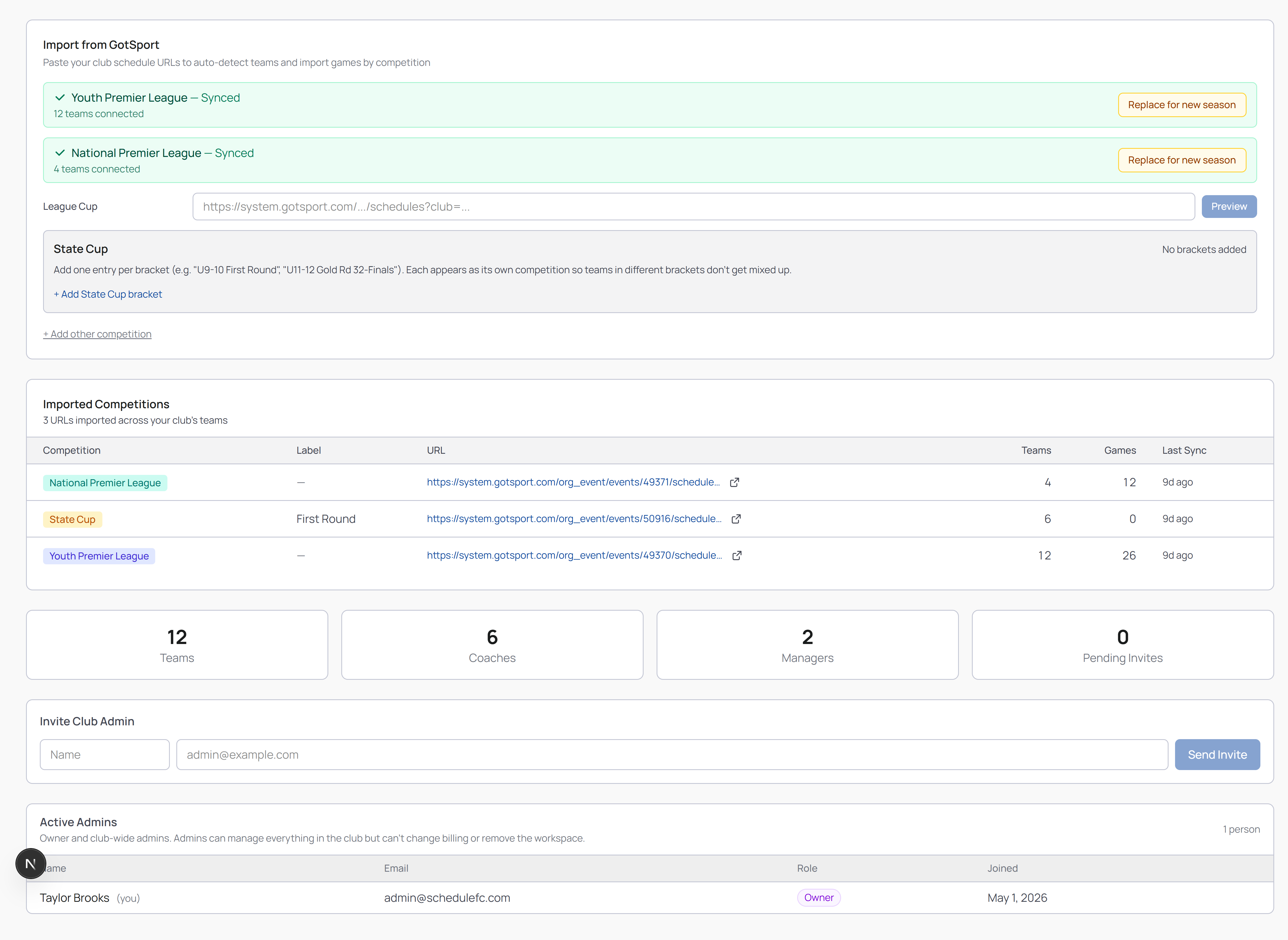Club setup page showing the detected teams from an uploaded club schedule export, ready to create