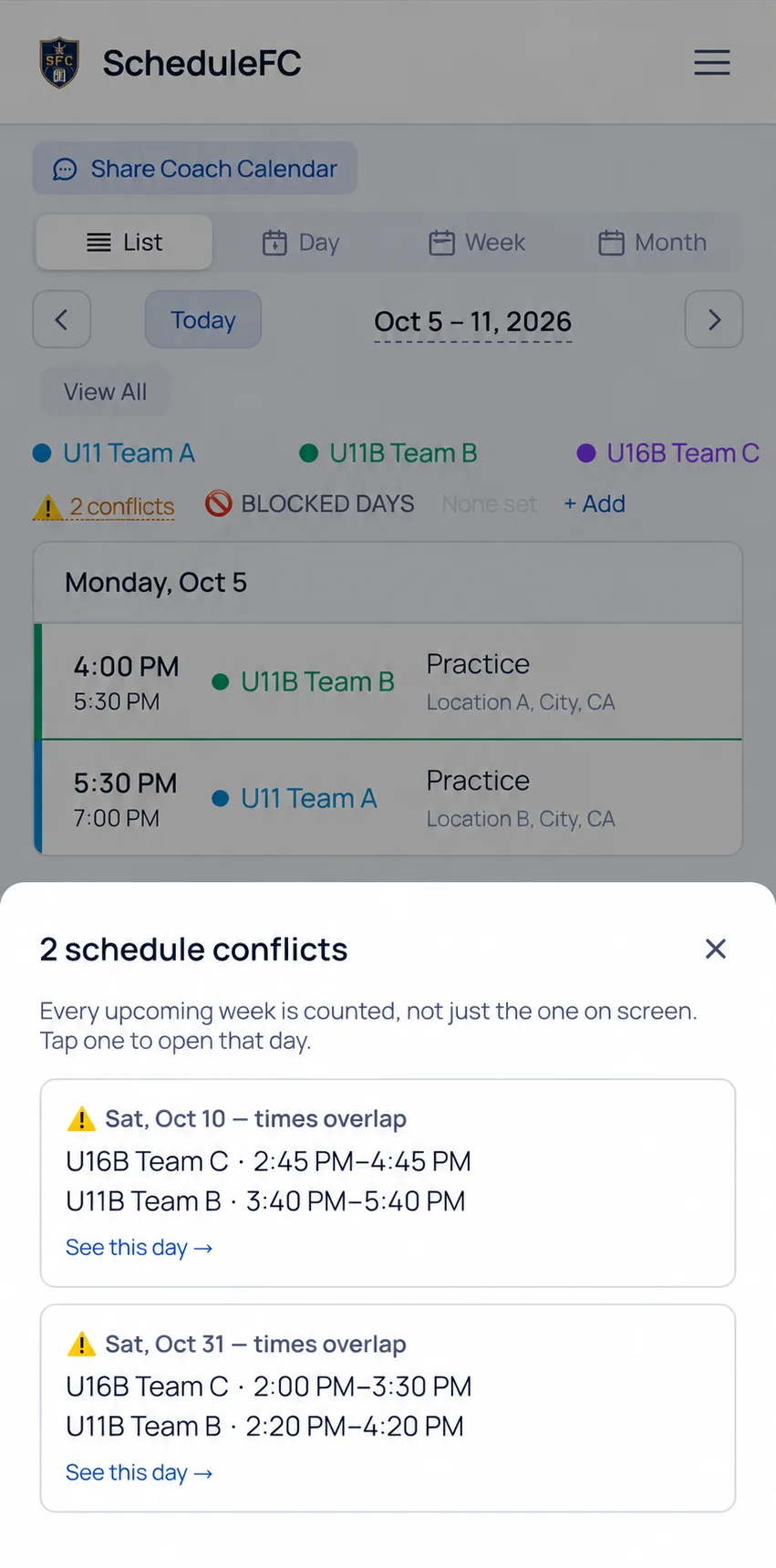 A coach's calendar with three color-coded teams and a sheet listing 2 schedule conflicts, each with the two overlapping games and a link to open that day.