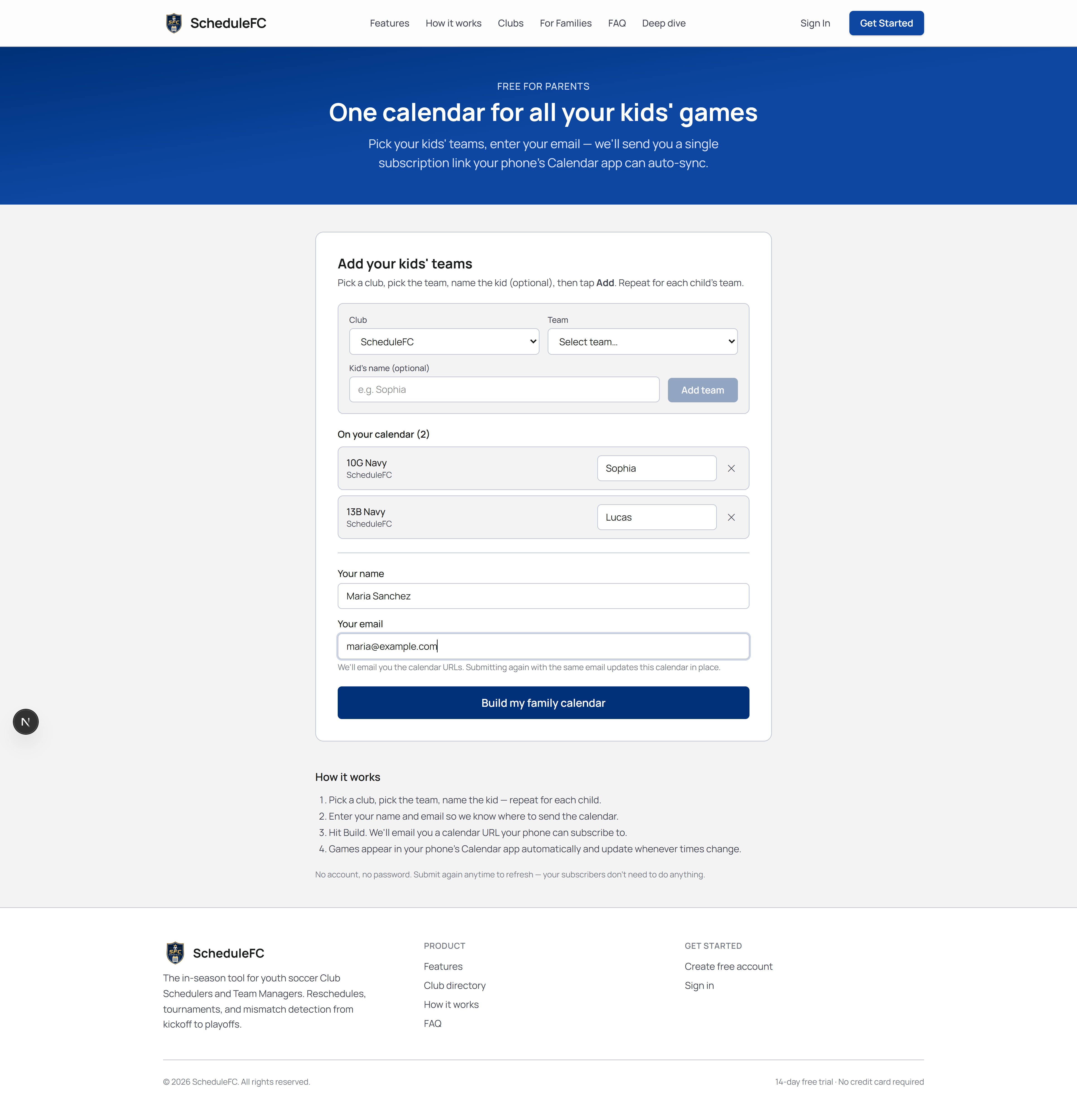 Family calendar form with each kid's calendar link added — a single subscription URL for the merged calendar