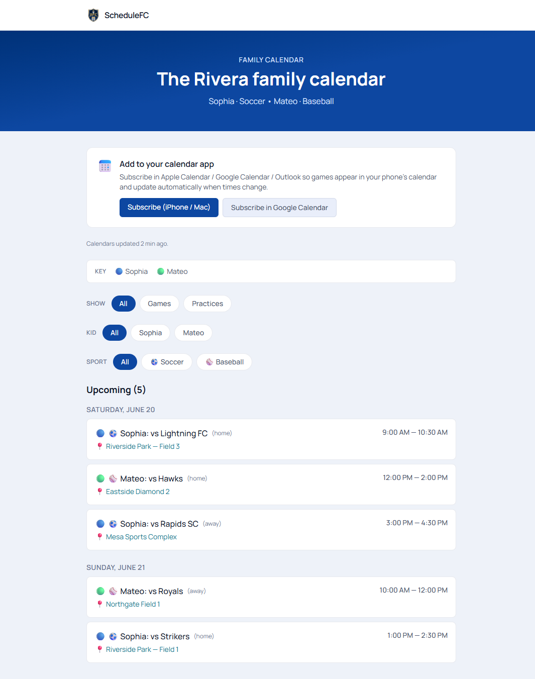 A live family calendar page — two kids' games across soccer and baseball merged into one color-coded schedule, with subscribe buttons and kid/sport filters