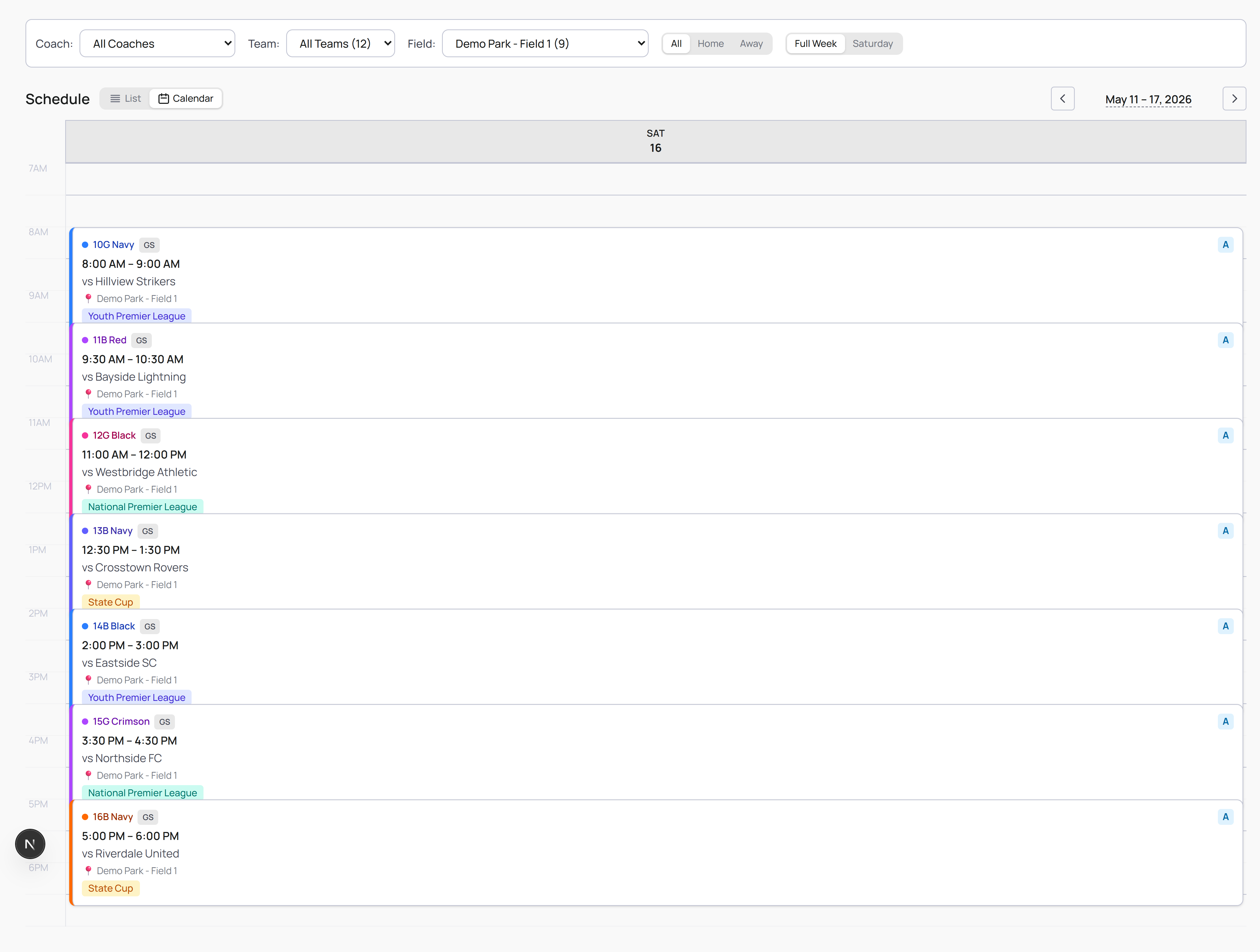 Club schedule filtered to Demo Park - Field 1 on Saturday, showing seven home games packed from 8am to 6pm with 30-minute changeovers between each game