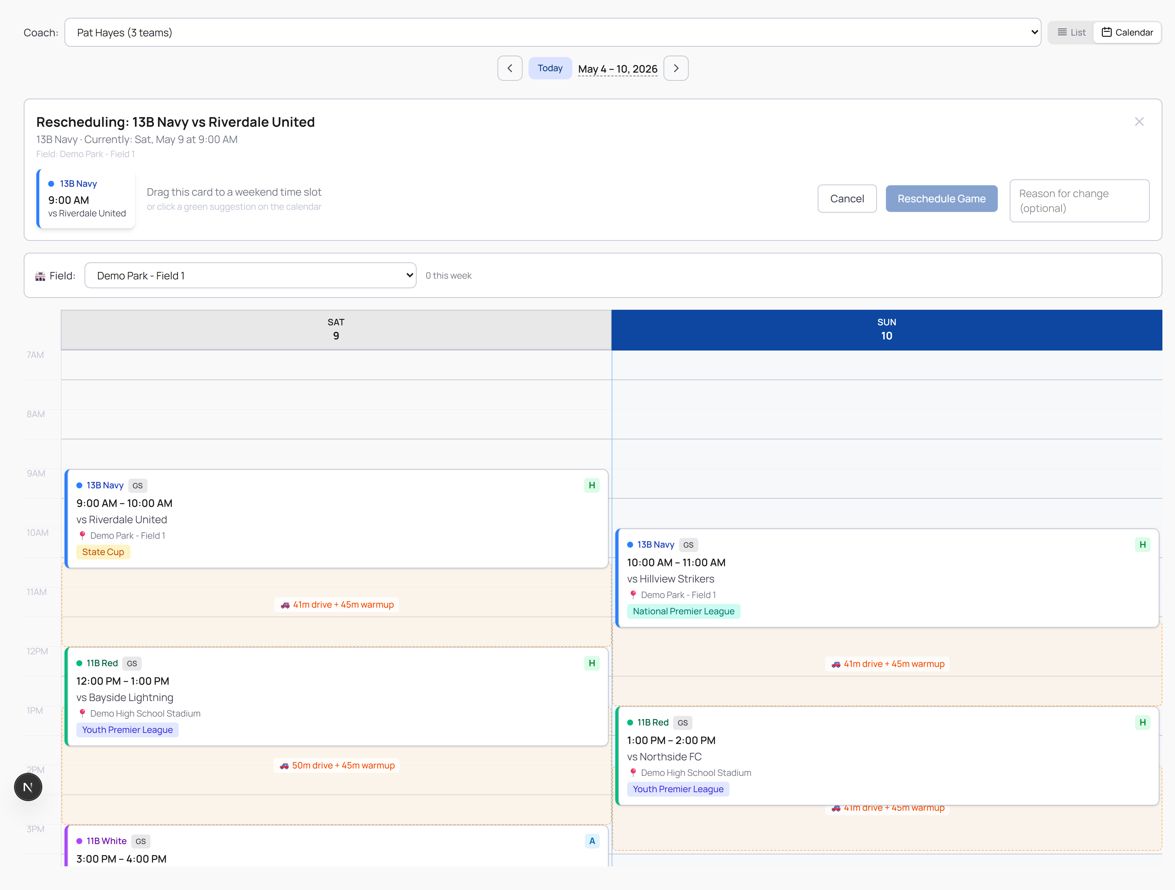 Reschedule view showing the weekend calendar with a dragged-game preview card and travel buffer overlays between games at different fields