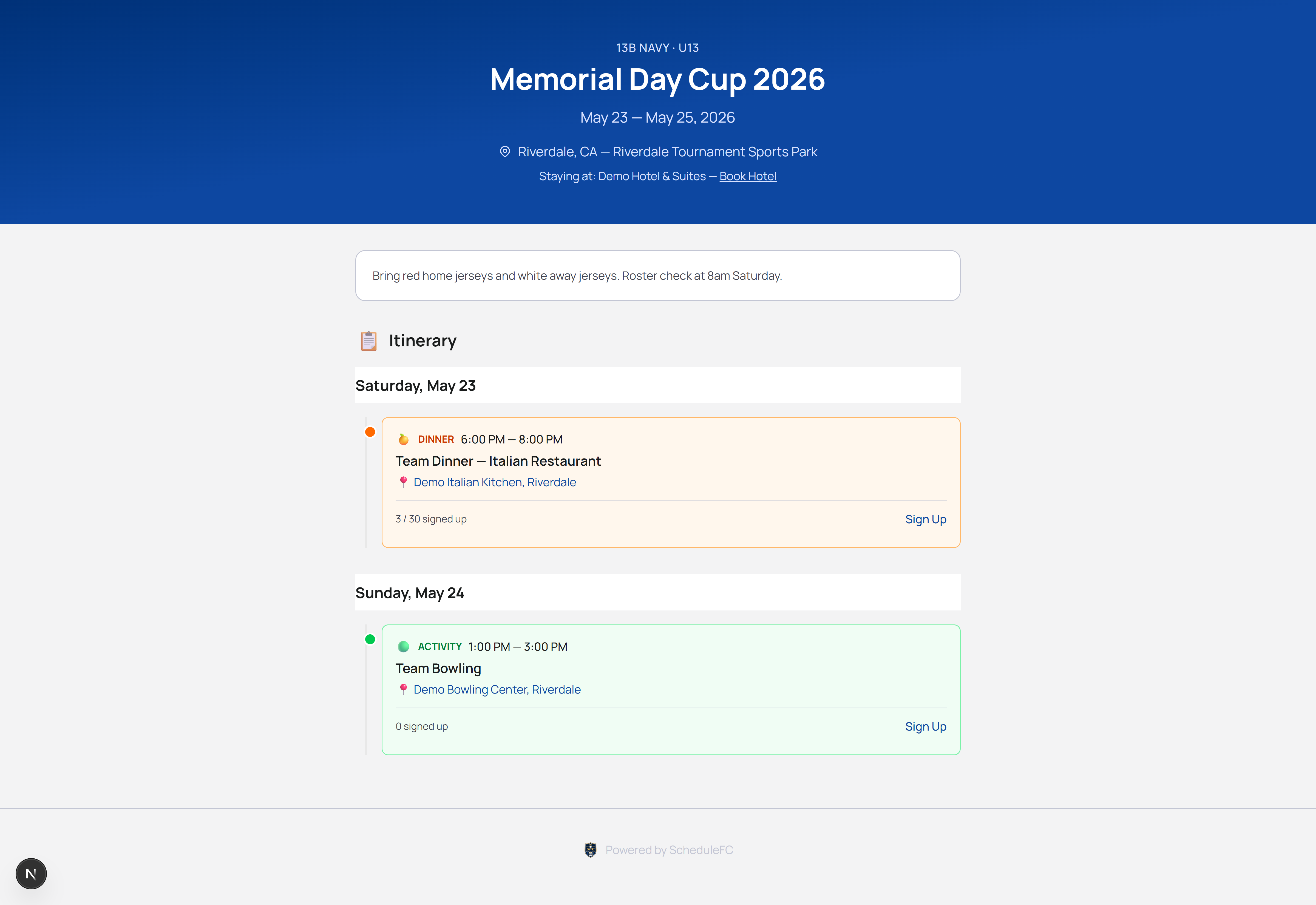 Public tournament hub showing the itinerary, hotel block link, and synced game times for parents